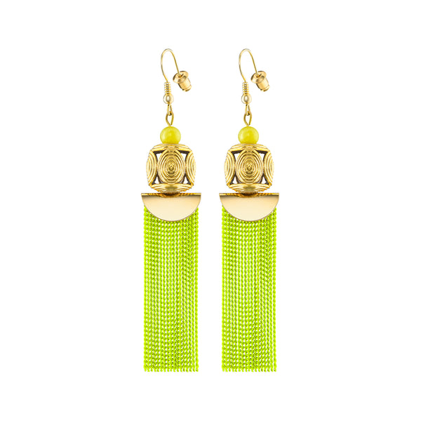 Akan Goldweight Cubes Chain Earrings - Neon Yellow