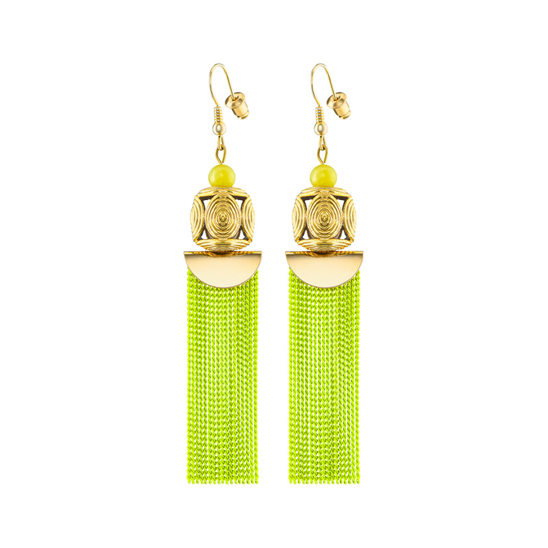 Akan Goldweight Cubes Chain Earrings - Neon Yellow