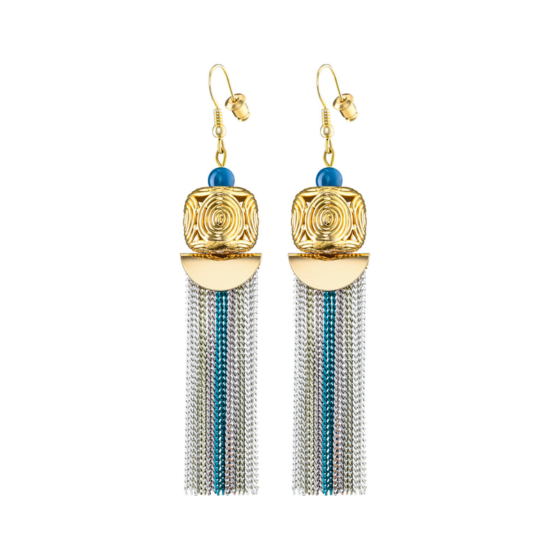 Akan Goldweight Cubes Chain Earrings - Stripy Blue