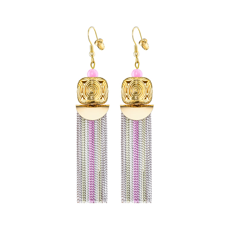 Akan Goldweight Cubes Chain Earrings - Stripy Rosa