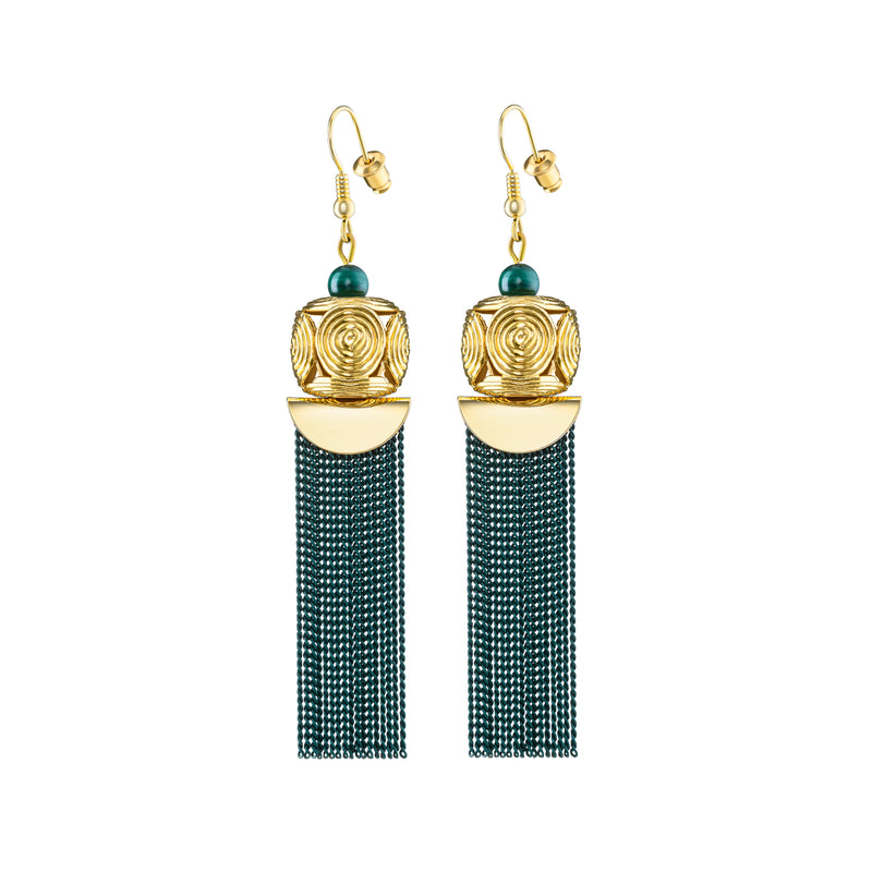 Akan Goldweight Cubes Chain Earrings - Green