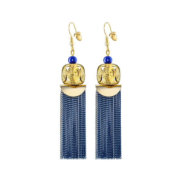 Akan Goldweight Cubes Chain Earrings - Marine Blue