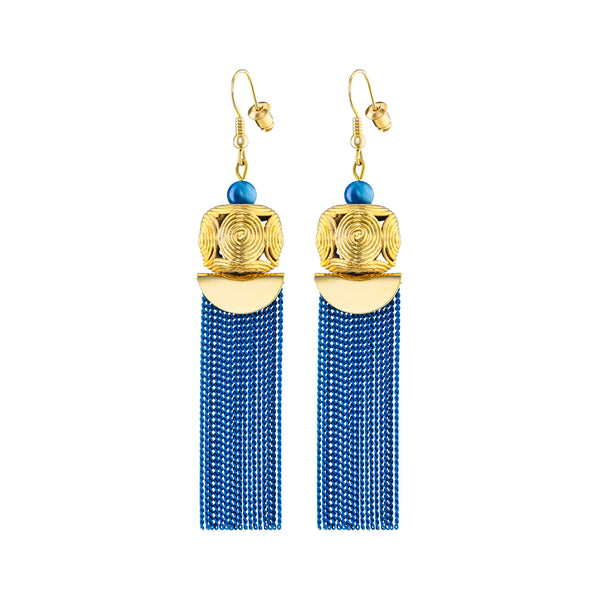 Akan Goldweight Cubes Chain Earrings - Blue